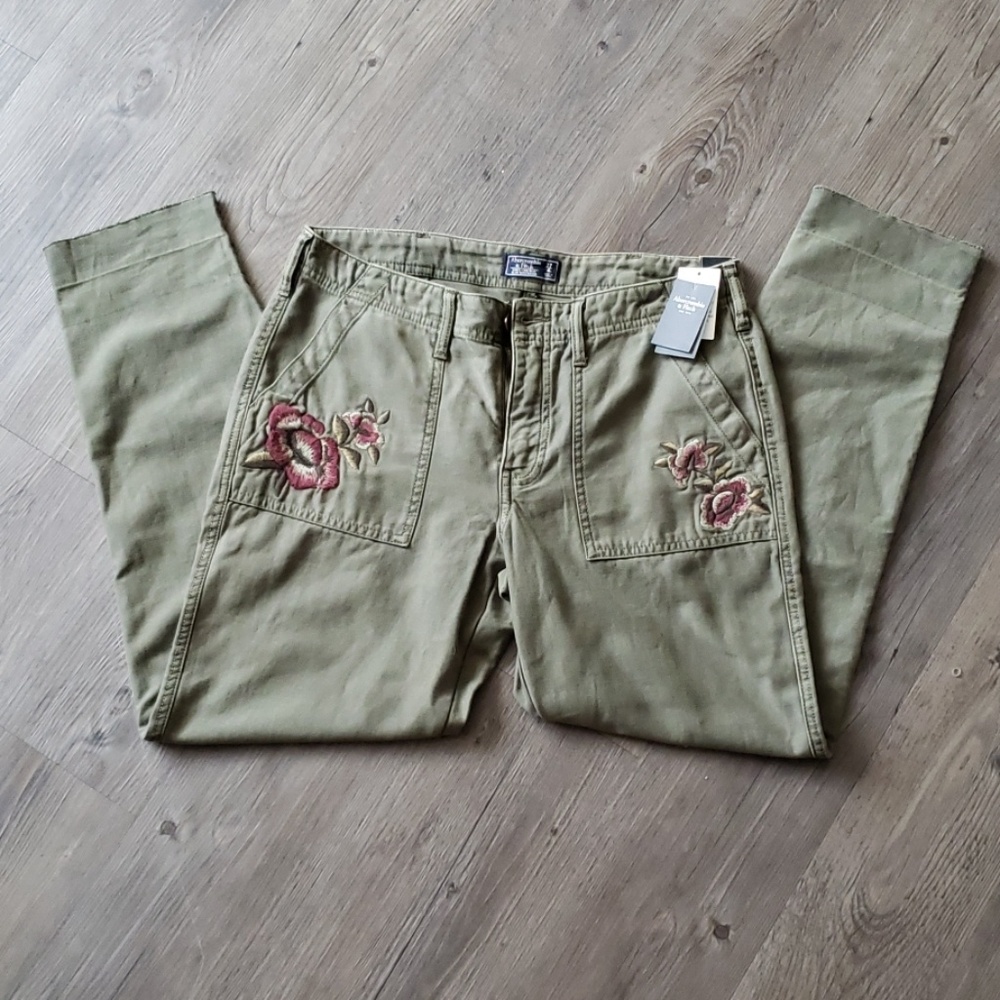 Abercrombie & Fitch Olive Green Cropped Jeans with Pink Floral Embroidery